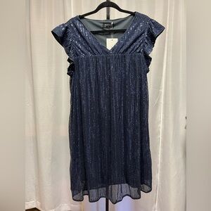 Bloomchic Sequin Mesh Pocket Cap Sleeve Ruffle Trim Navy Blue Dress | size 12